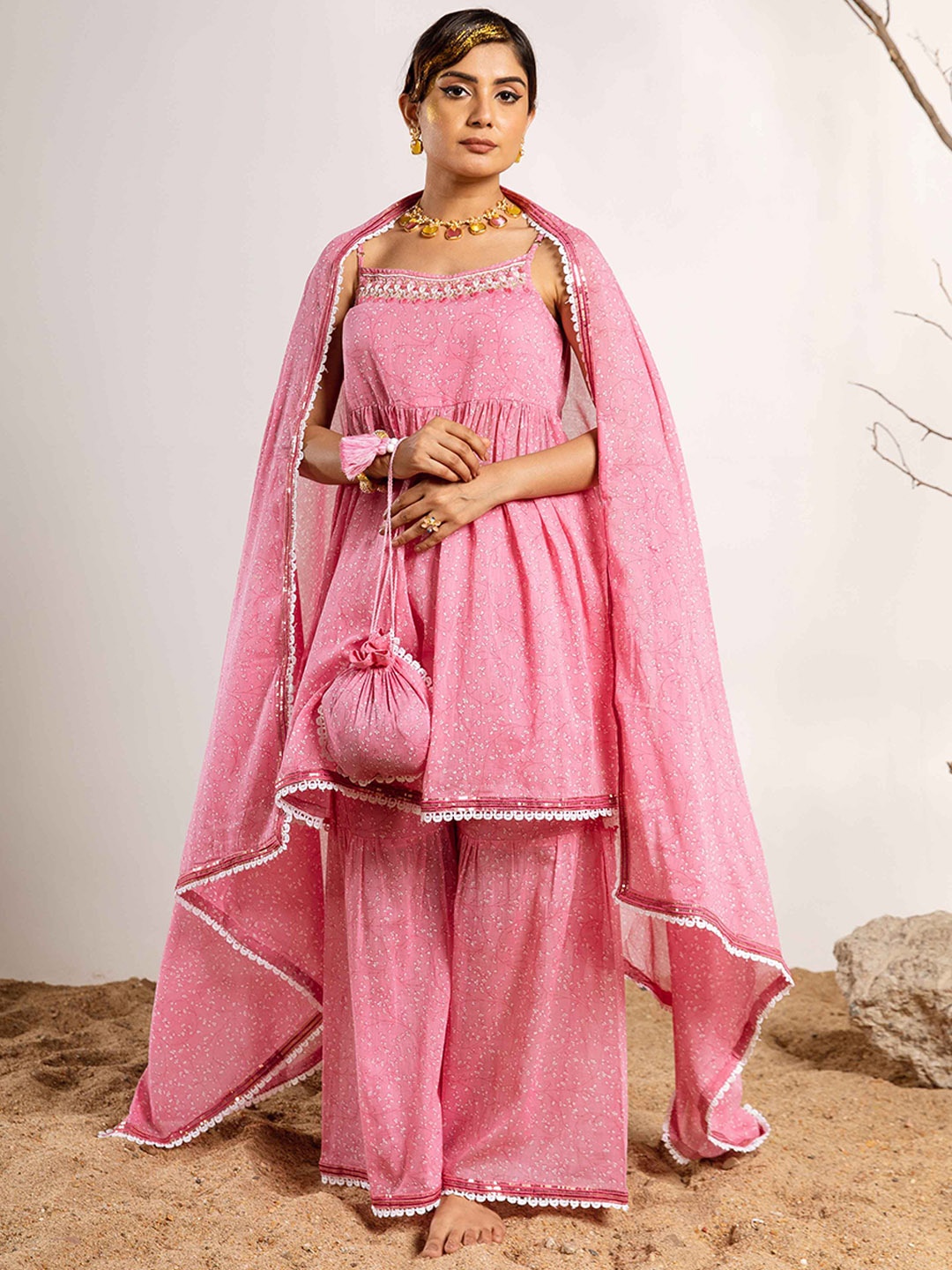 

KALINI Floral Printed Pleated Kantha Work Pure Cotton Kurta with Sharara & With Dupatta, Pink