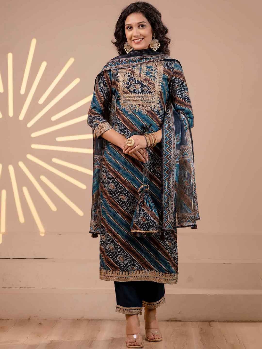 

KALINI Bandhani Printed Thread Work Straight Kurta With Trousers & Dupatta With Potli Set, Teal