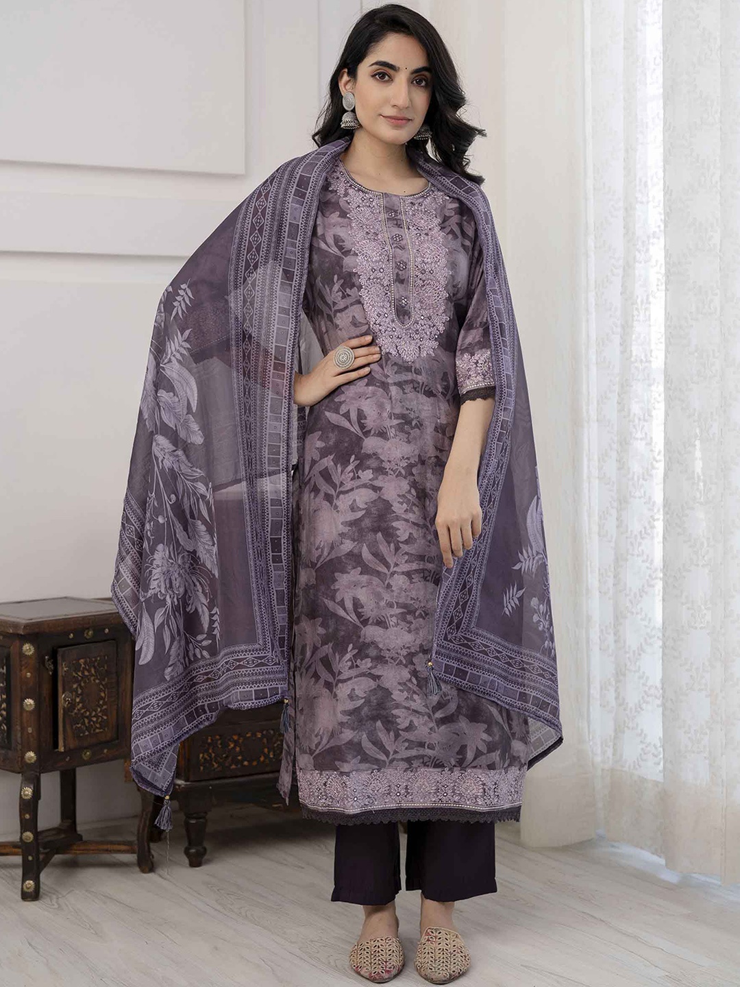 

KALINI Floral Printed Regular Mirror Work Kurta with Trousers & With Dupatta, Purple