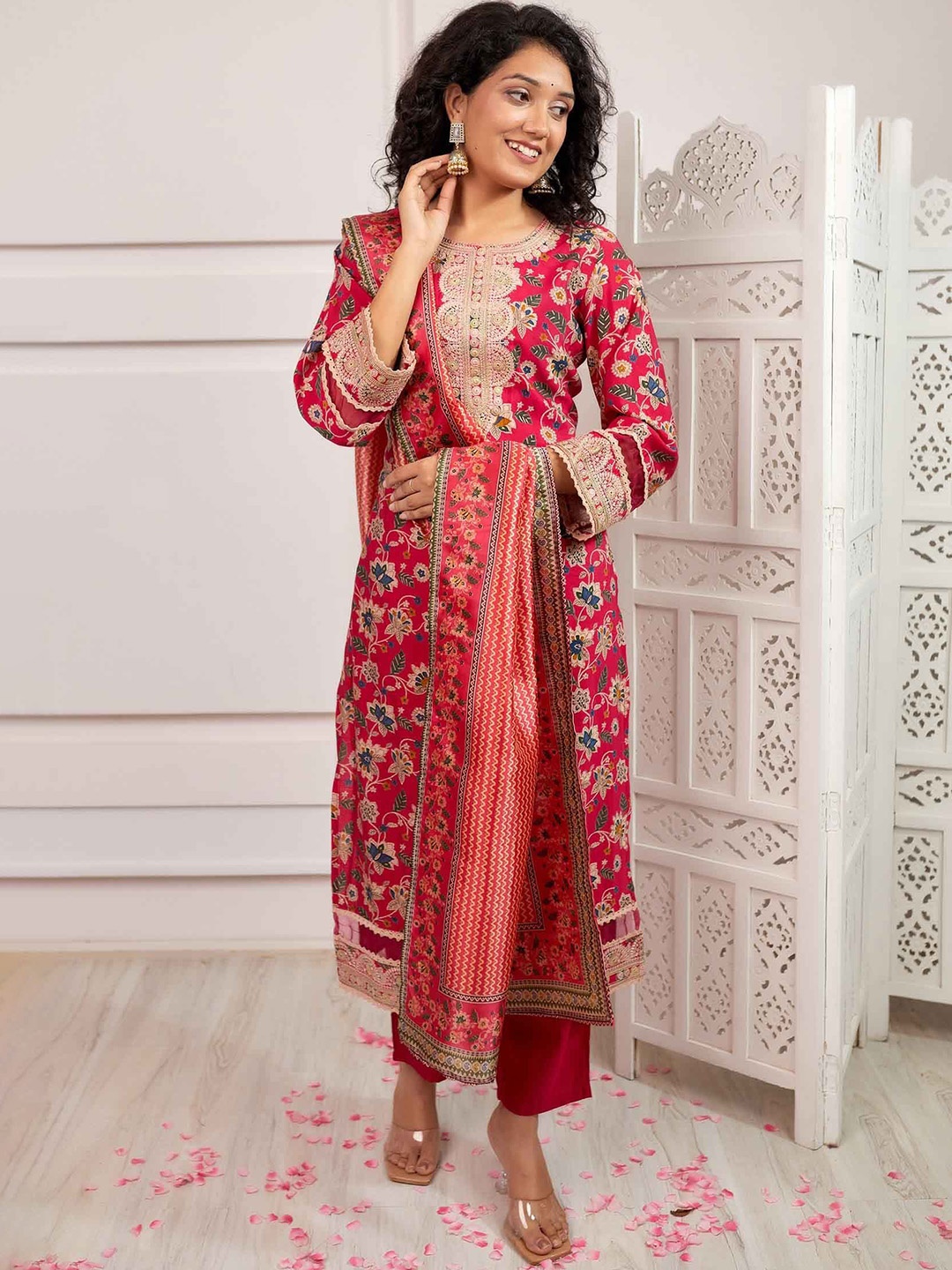 

KALINI Floral Printed Thread Work Kurta With Trousers & Dupatta, Pink
