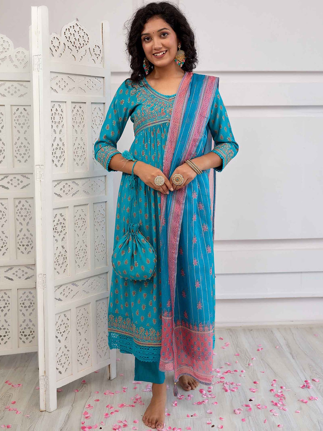 

KALINI Ethnic Motifs Printed Empire Thread Work Kurta With Trousers & Dupatta With Potli, Turquoise blue