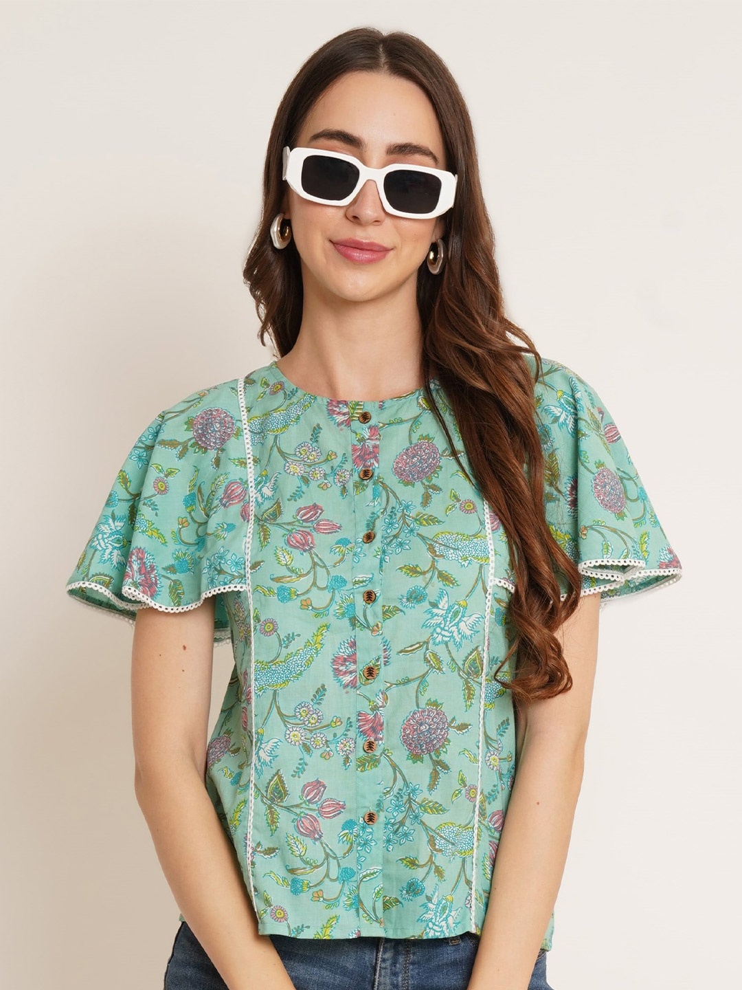 

COTLAND FASHION Floral Printed Flared Sleeve Cotton Top, Sea green