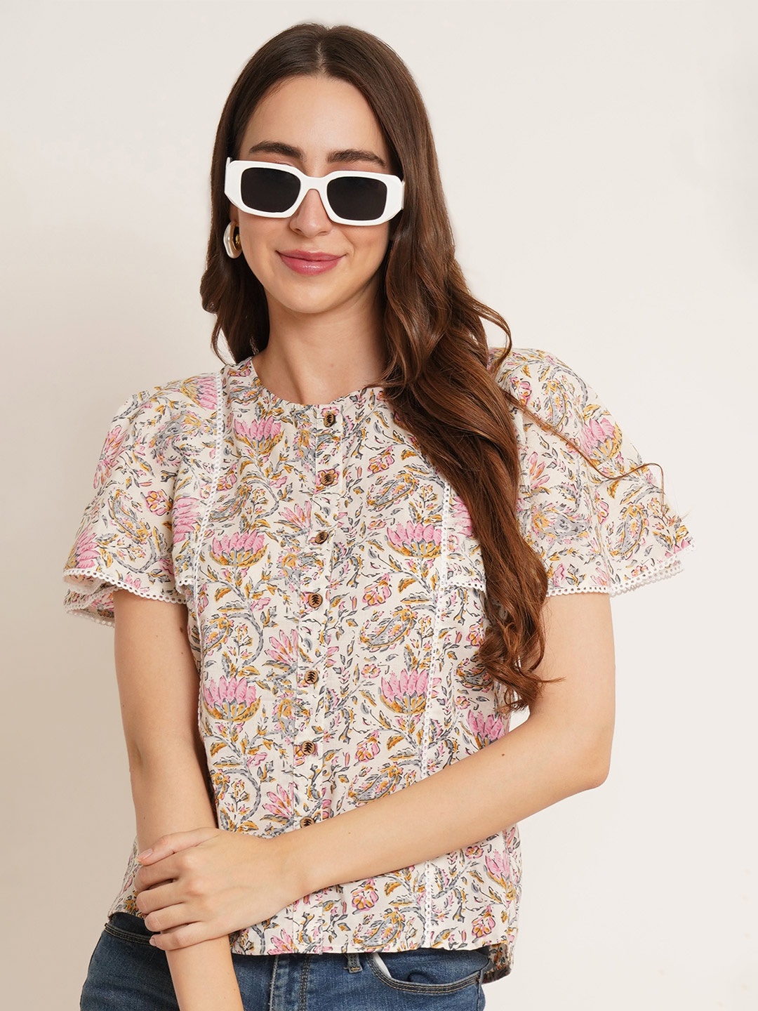 

COTLAND FASHION Floral Printed Flutter Sleeves Pure Cotton Shirt Style Top, White