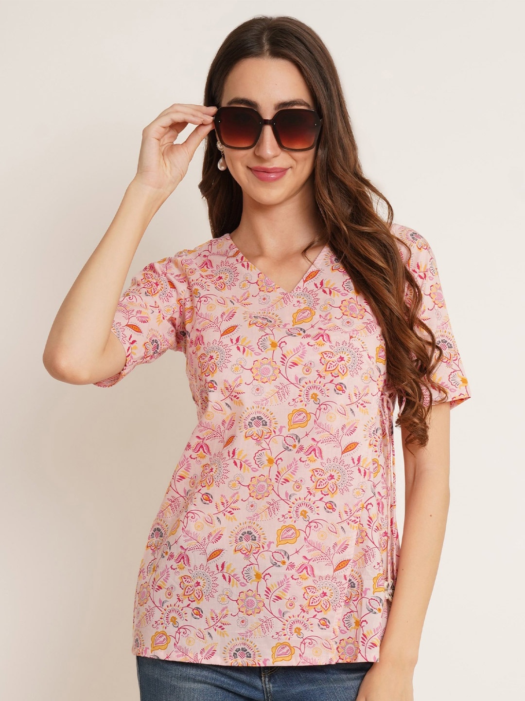 

COTLAND FASHION Floral Printed Pure Cotton Regular Top, Pink