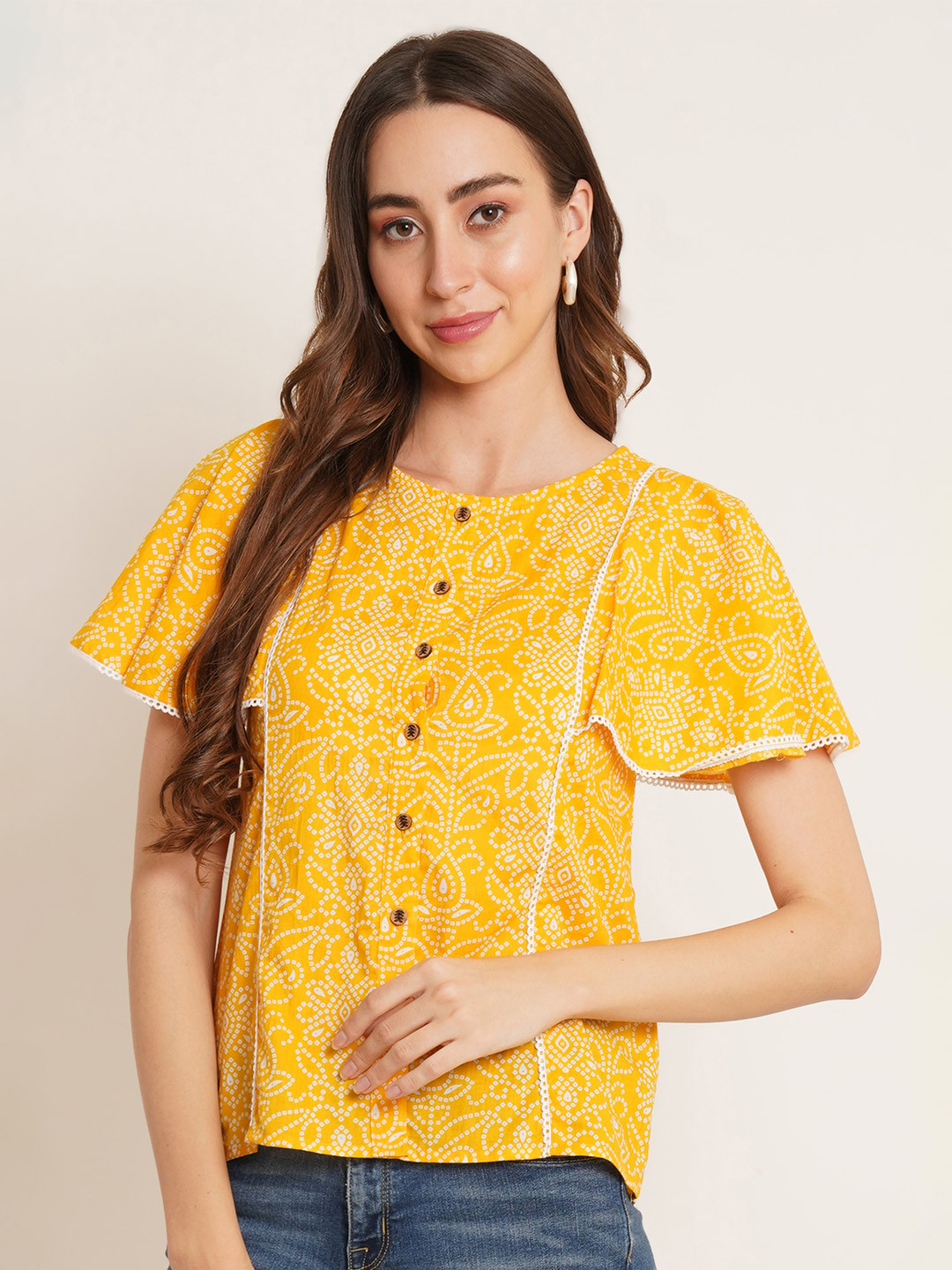 

COTLAND FASHION Ethnic Motifs Printed Flared Sleeves Pure Cotton Shirt Style Top, Yellow