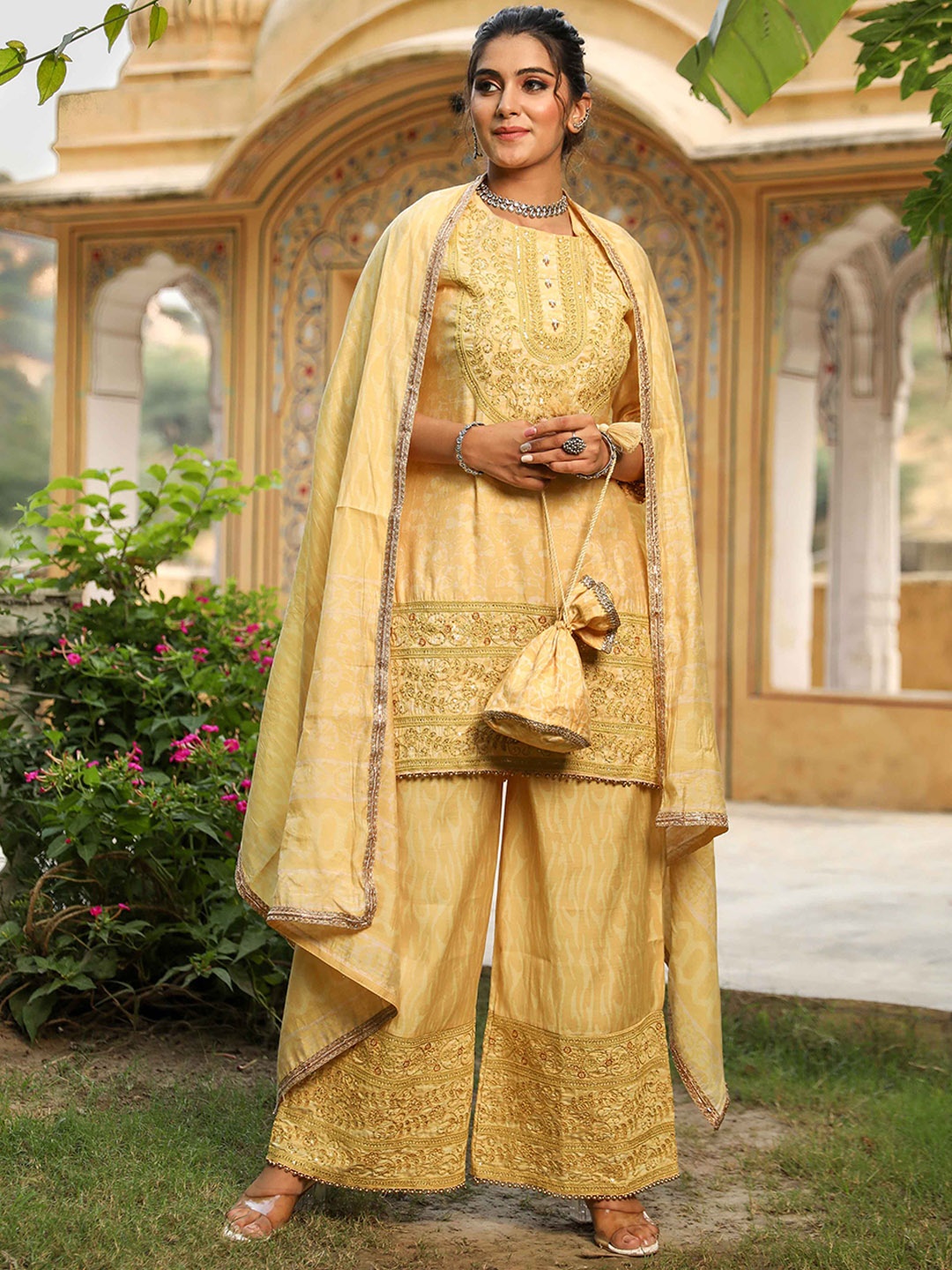 

Nehamta Floral Printed Regular Thread Work Kurta With Sharara & Dupatta, Yellow