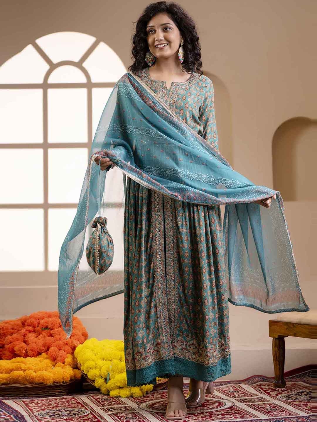 

Nehamta Floral Printed Pleated Mirror Work Kurta With Trousers & Dupatta Set, Green