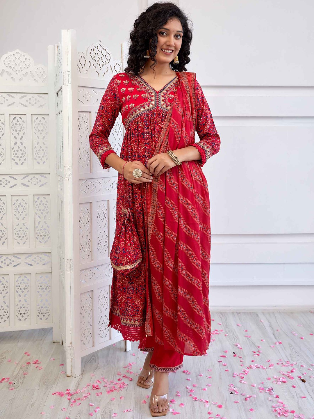 

Nehamta Ethnic Motifs Printed Empire Mirror Work A-Line Kurta & Trousers With Dupatta, Red
