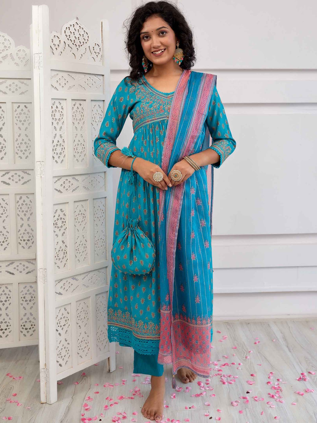 

Nehamta Ethnic Motifs Printed Zari Pleated Kurta with Trousers & Dupatta Potli Set, Turquoise blue