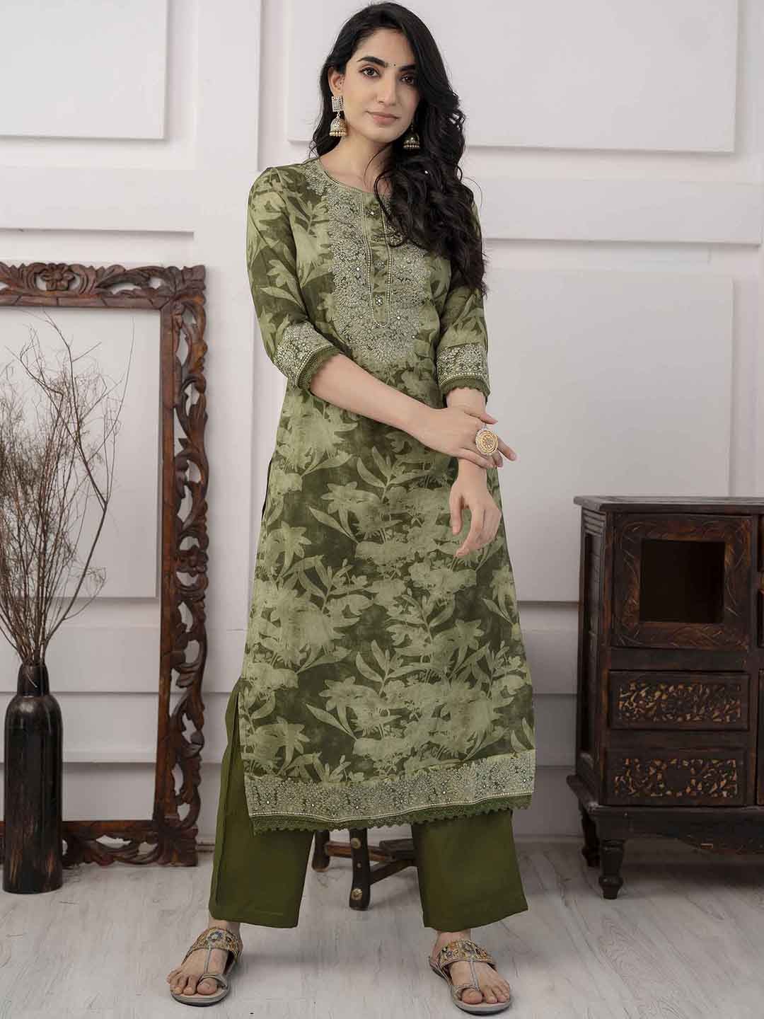 

Nehamta Floral Printed Mirror Work Kurta with Trousers & Dupatta, Green