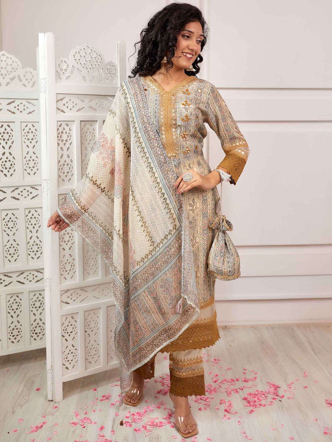 

Nehamta Ethnic Motif Printed Mirror Work Straight Kurta & Trousers With Dupatta, Cream