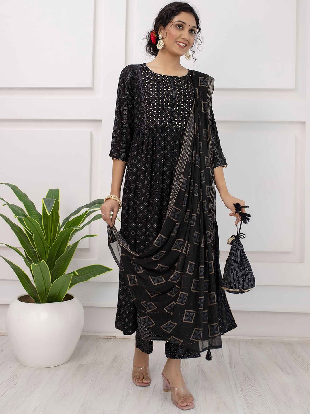 

Nehamta Ethnic Motif Printed Mirror Work Kurta With Trousers & Dupatta, Black