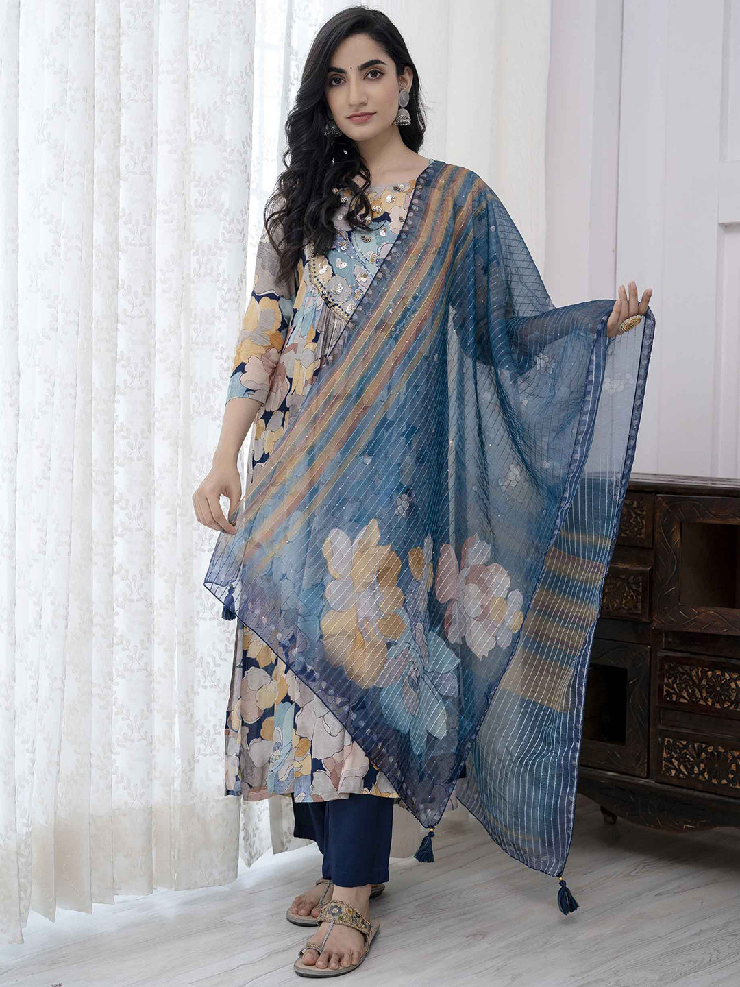 

Nehamta Floral Printed Sequined Kurta with Trousers & Dupatta, Blue