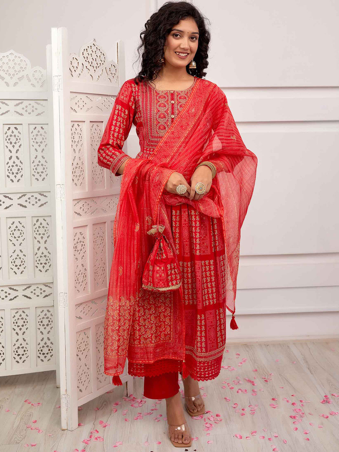 

Nehamta Floral Printed Pleated Mirror Work Kurta with Trousers & Dupatta Potli Set, Red