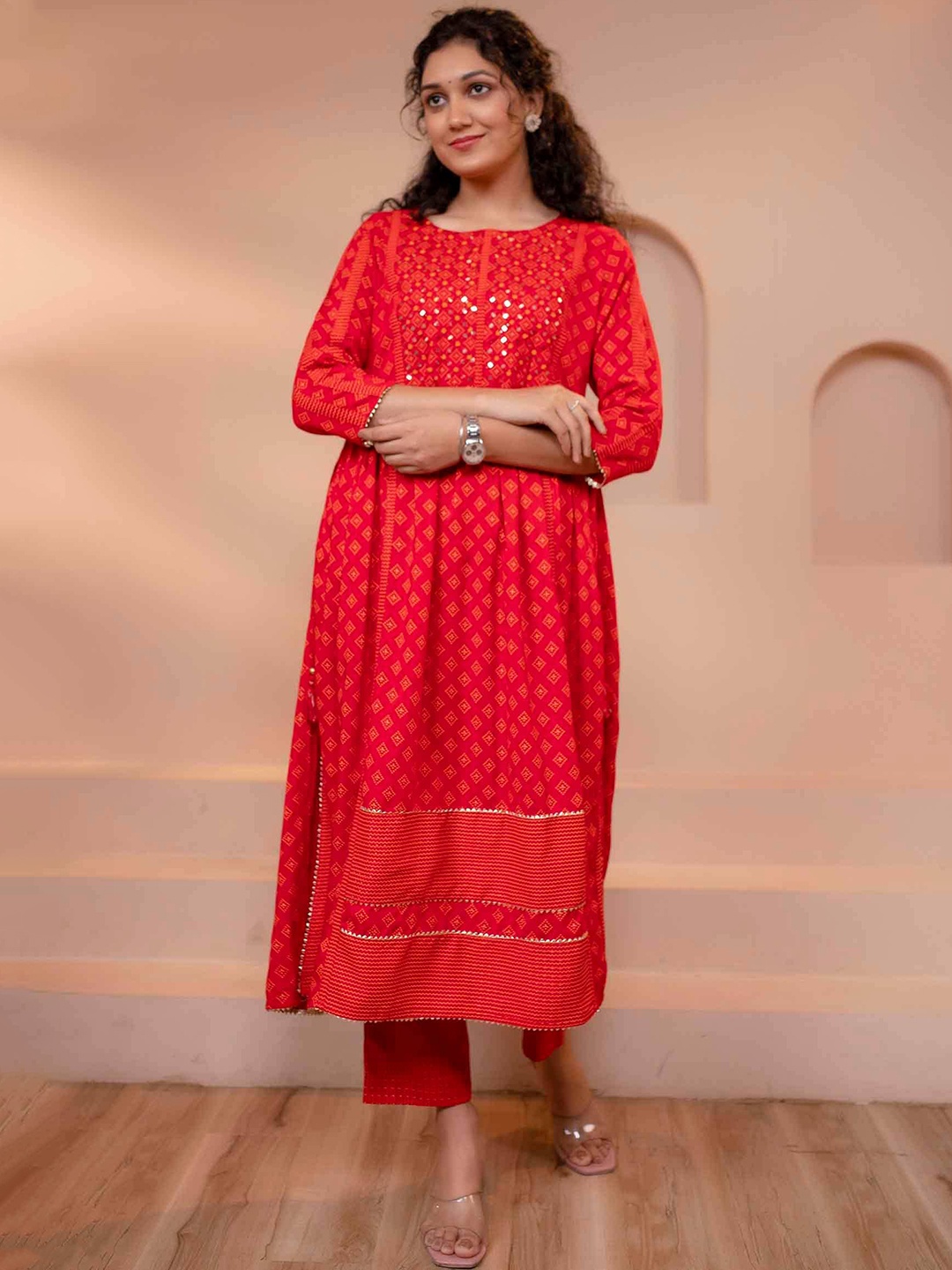 

Nehamta Ethnic Motif Printed Mirror Work Anarkali Kurta & Trousers With Dupatta, Red