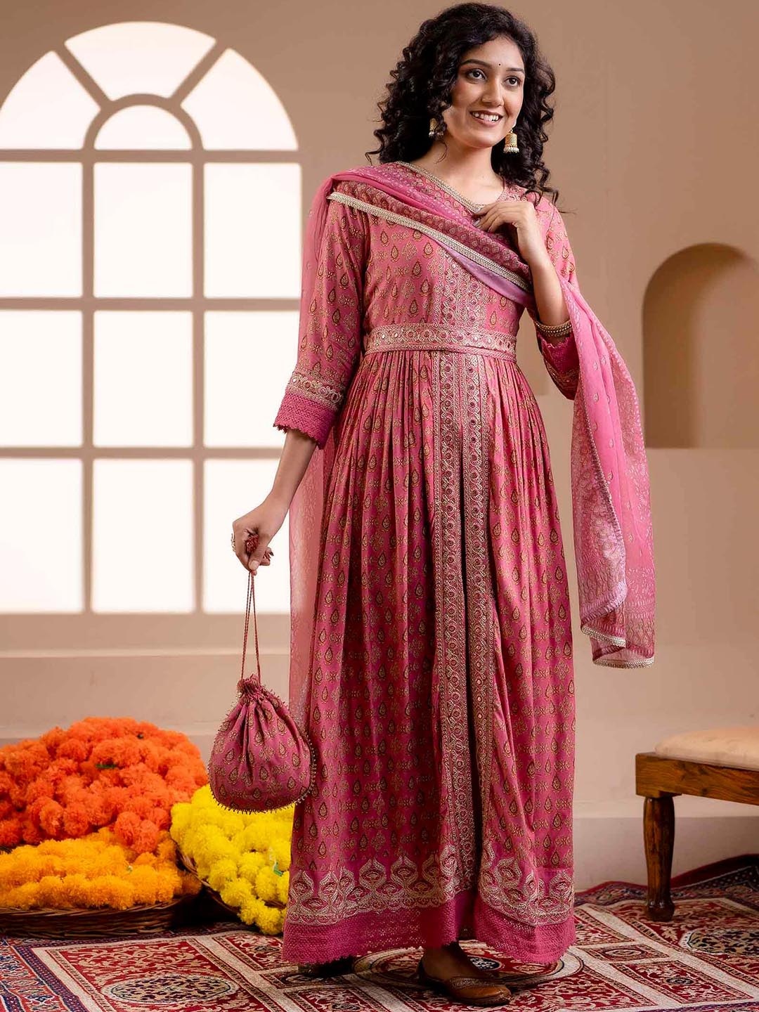 

Nehamta Ethnic Motif Printed Mirror Work A-Line Kurta & Trousers With Dupatta, Pink