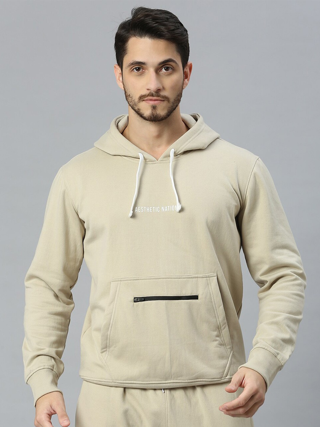 

AESTHETIC NATION Typography Printed Hooded Sweatshirt, Beige