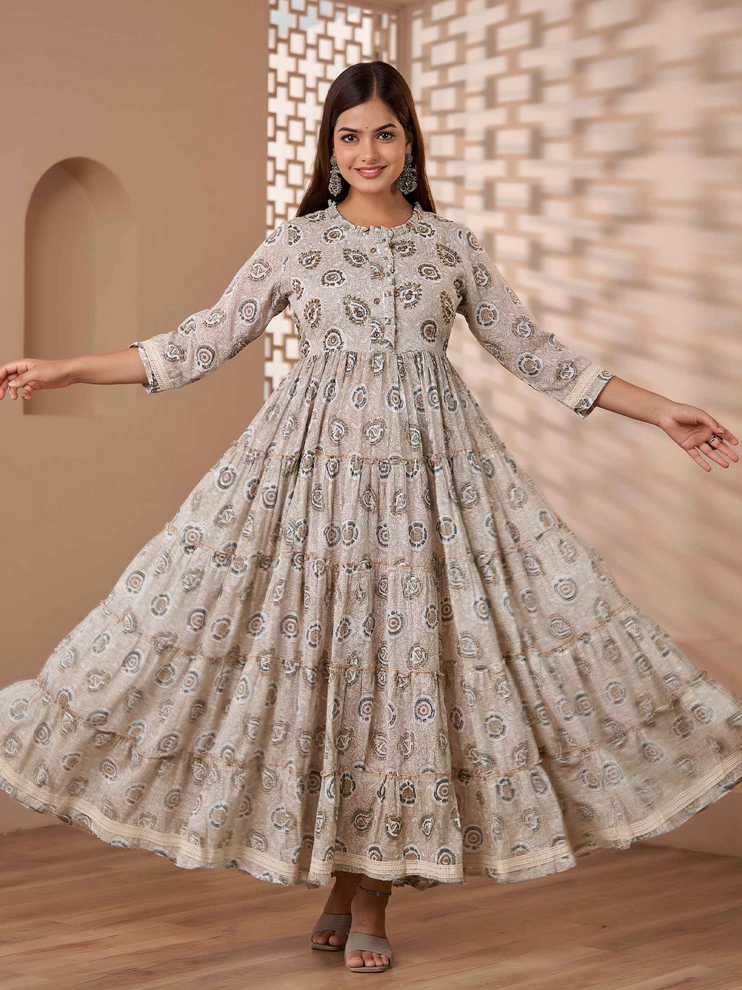 

KALINI Floral Printed Ruffled Sequinned Cotton Anarkali Fit and Flare Maxi Dress, Grey