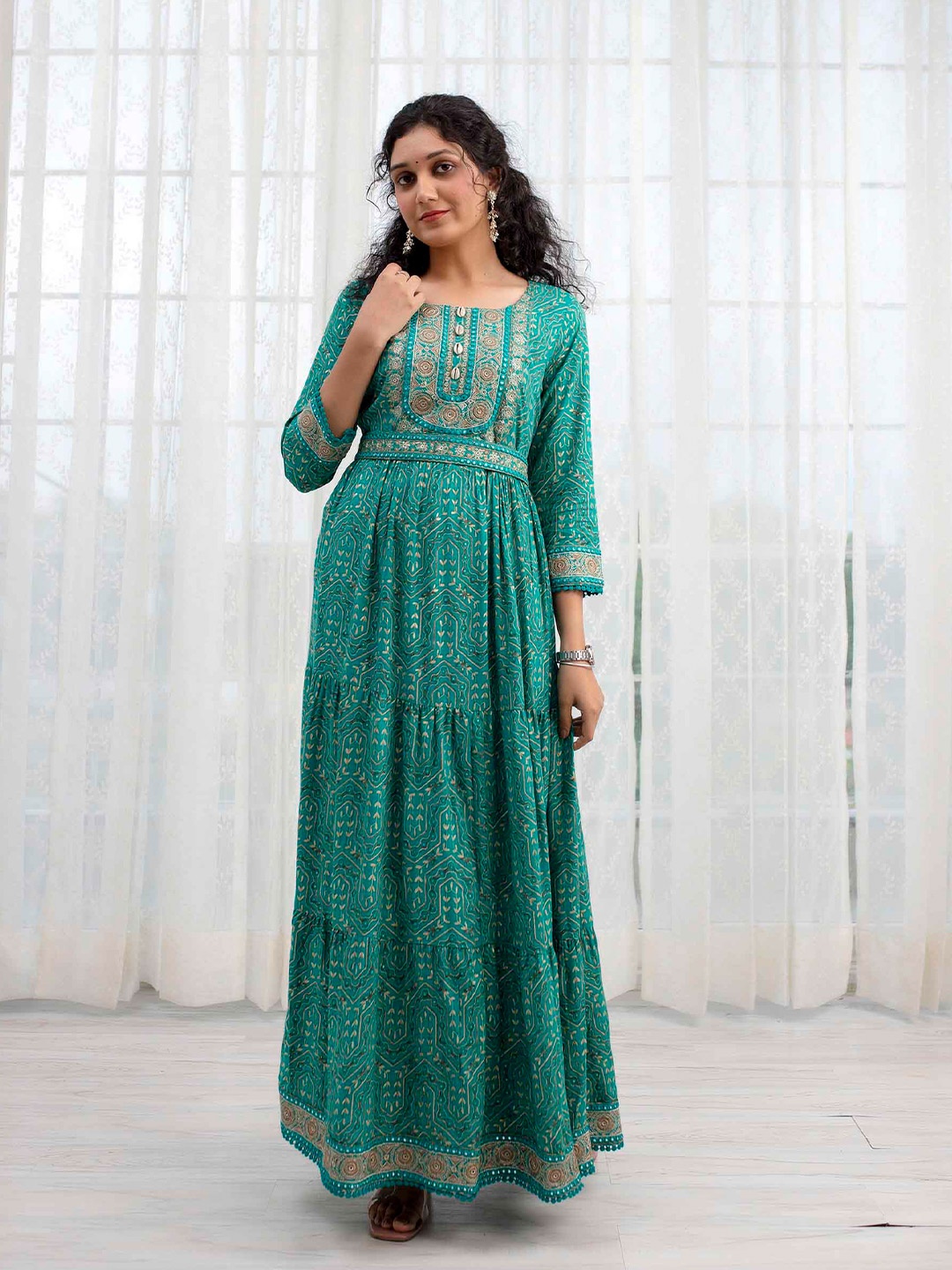 

Nehamta Ethnic Motifs Printed Embroidered Detailed Ethnic Dress, Turquoise blue