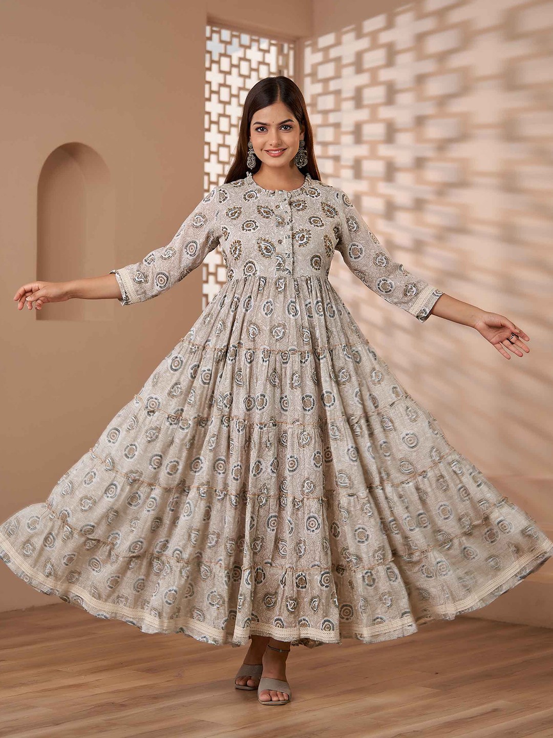 

Nehamta Geometric Printed Tiered Fit & Flare Cotton Ethnic Dress, Grey