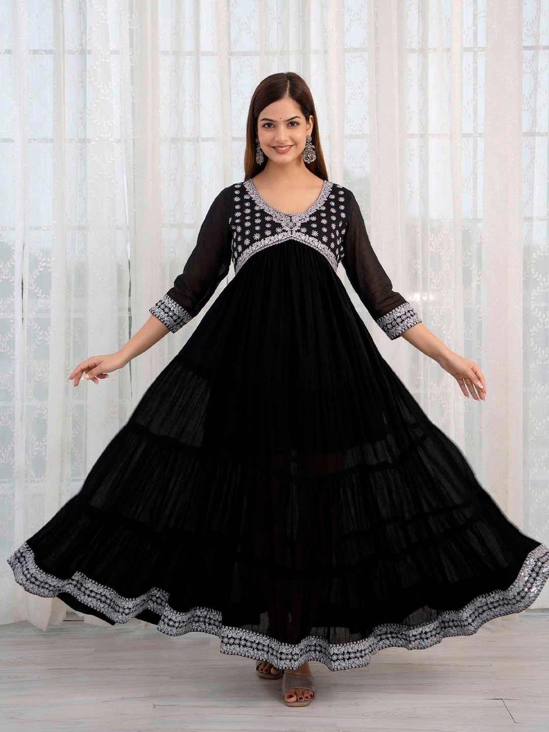 

Nehamta Embroidered Sequinned Detailed Cotton Ethnic Dress, Black