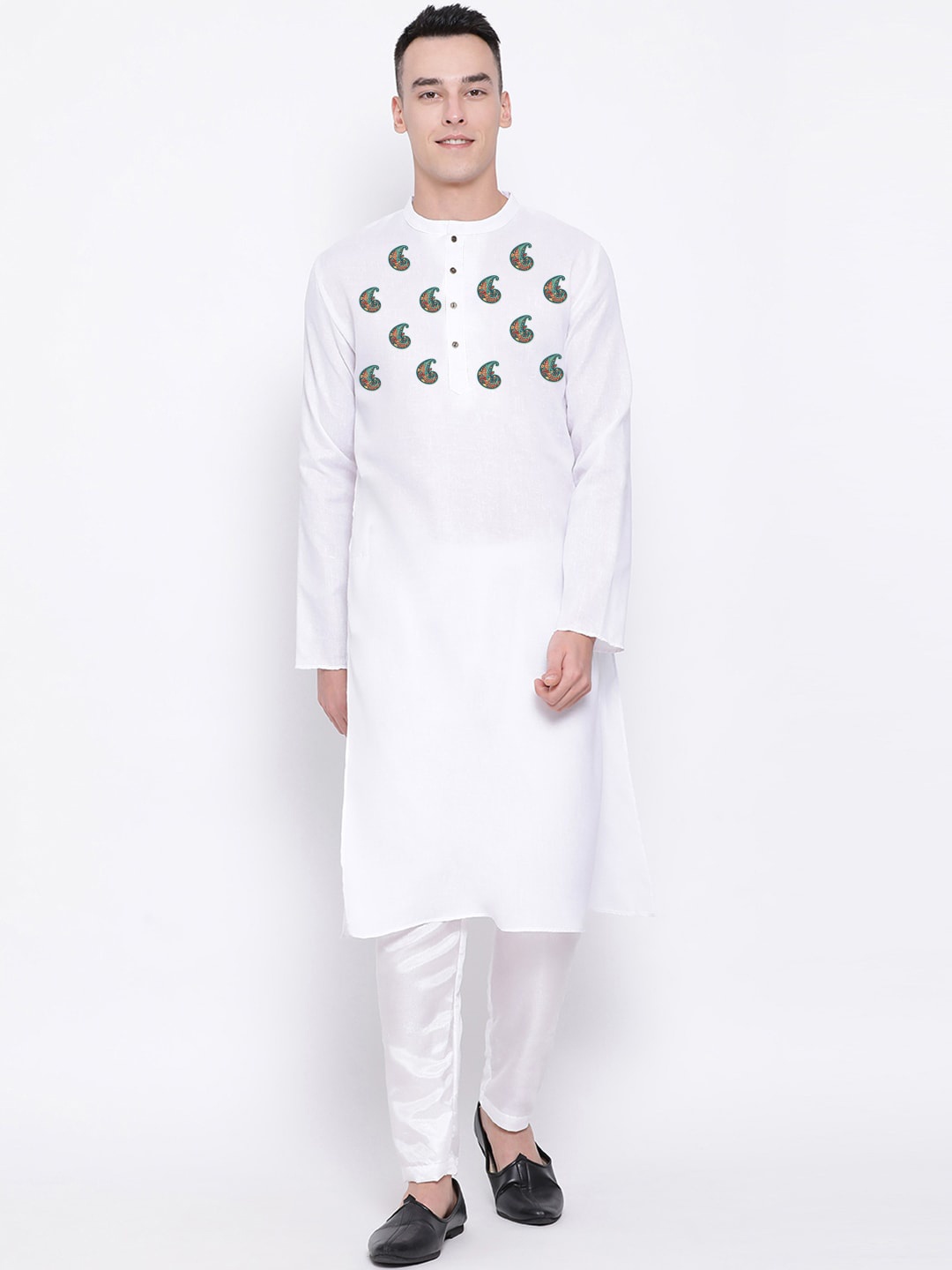 DEVOILER Paisley Printed Band Collar Straight Kurta, White