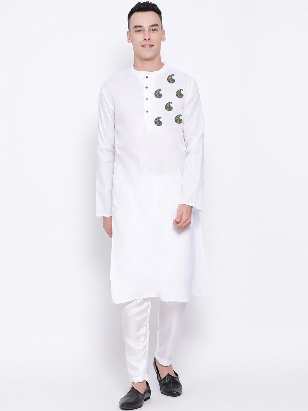 

DEVOILER Men White Embroidered Thread Work Block Print Kurta