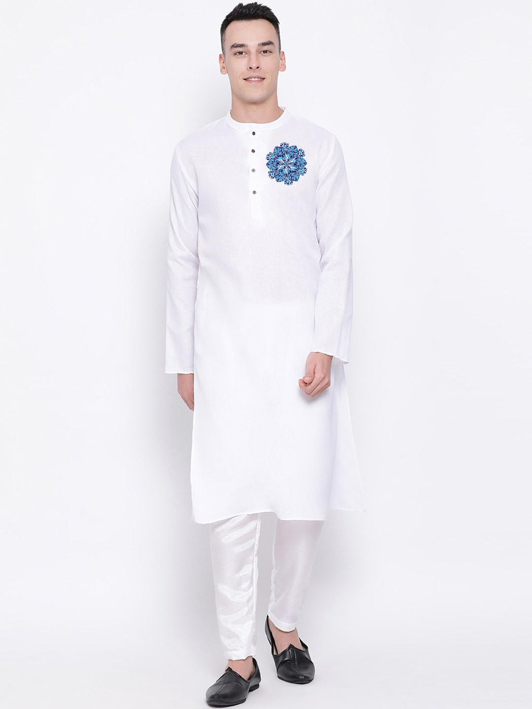 

DEVOILER Ethnic Motifs Digital Printed Mandarin Collar Kurta, White