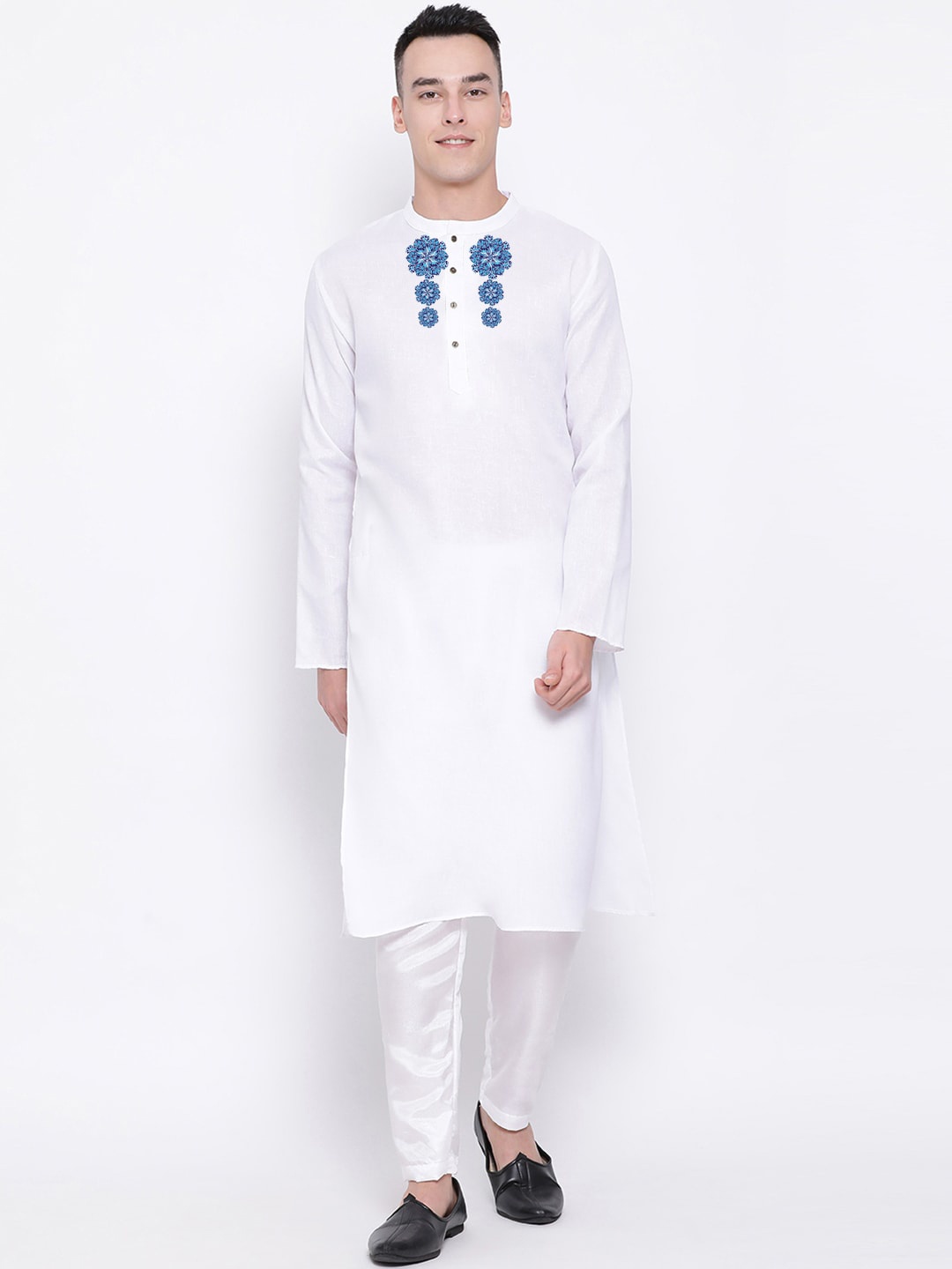 

DEVOILER Men White Thread Work Block Print Kurta