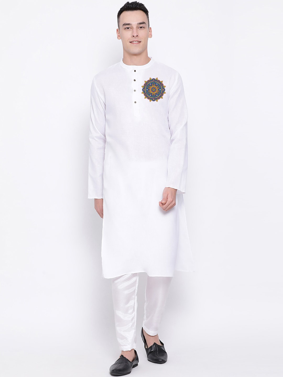 

DEVOILER Ethnic Motifs Band Collar Long Sleeve Straight Kurta, White