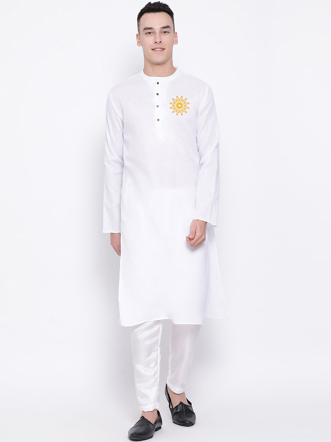 

DEVOILER Ethnic Motifs Block Printed Mandarin Collar Cotton Straight Kurta, White