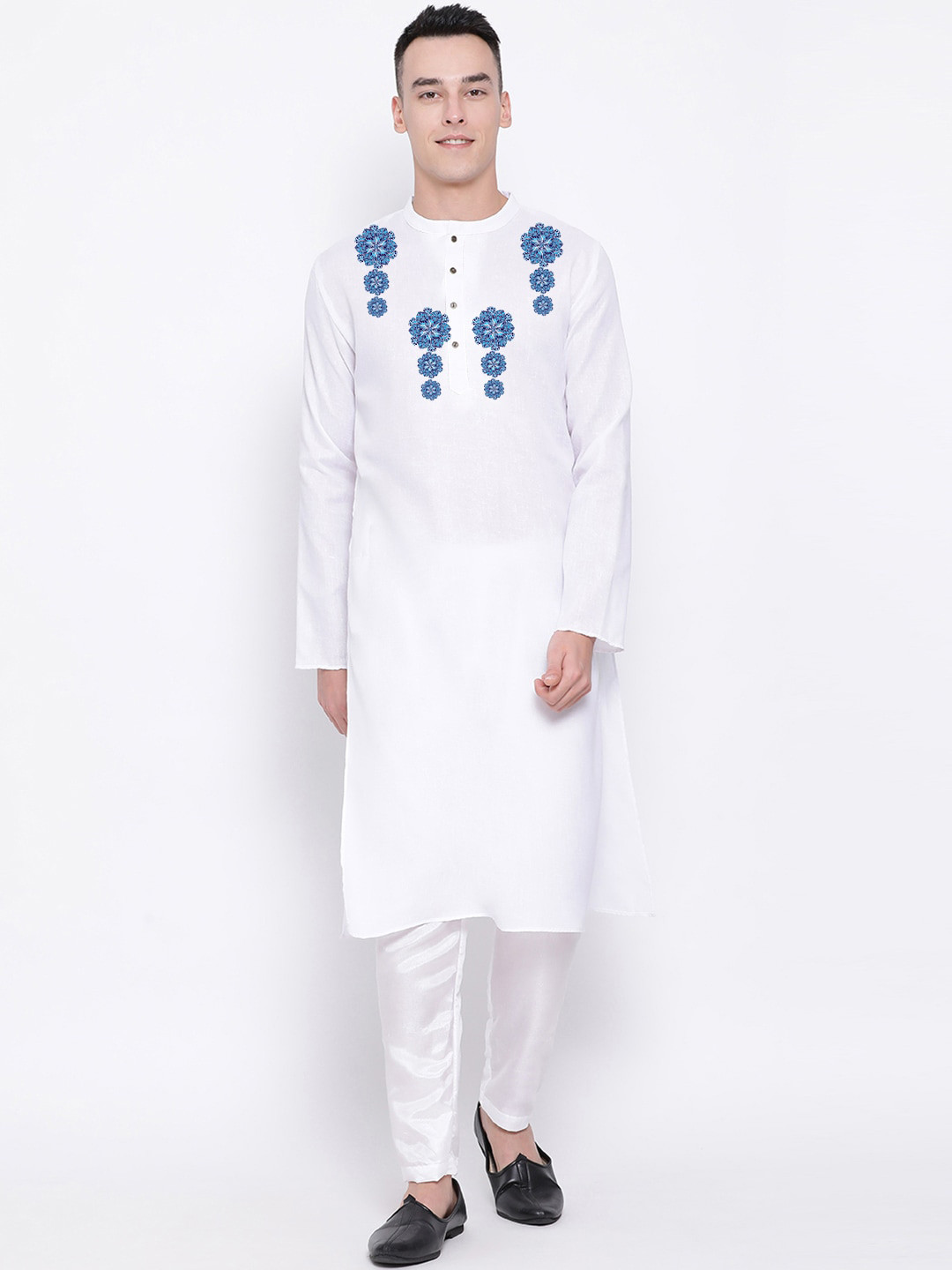 

DEVOILER Ethnic Motifs Band Collar Long Sleeve Straight Kurta, White