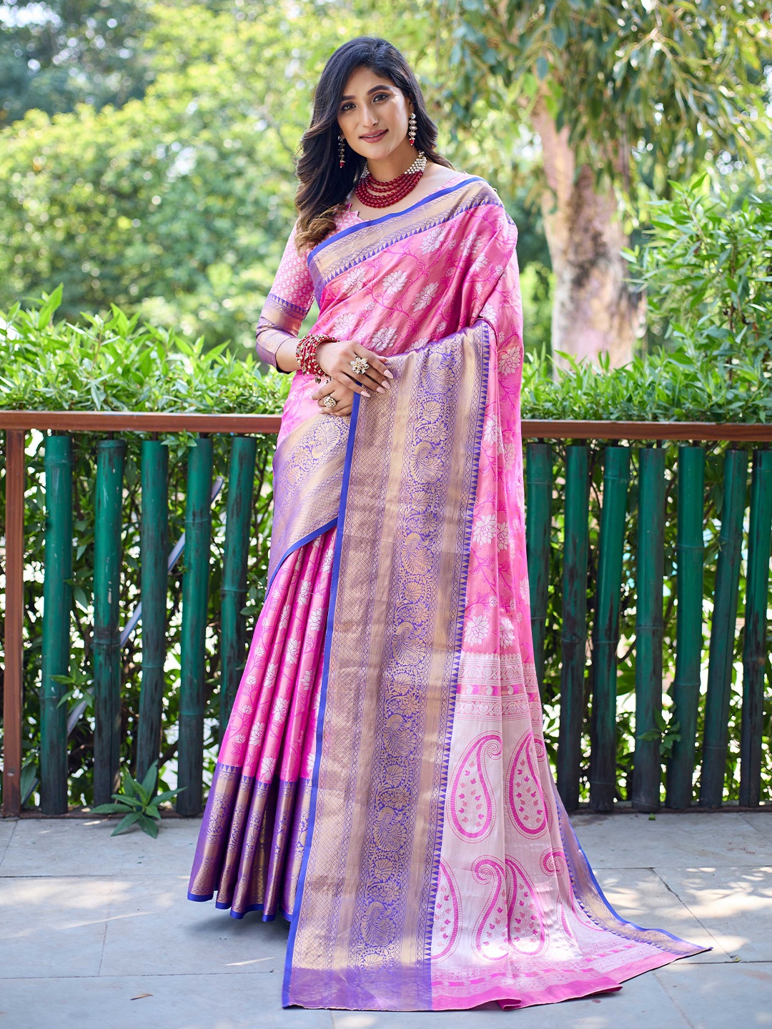 

Mitera Pink & Blue Woven Design Zari Saree