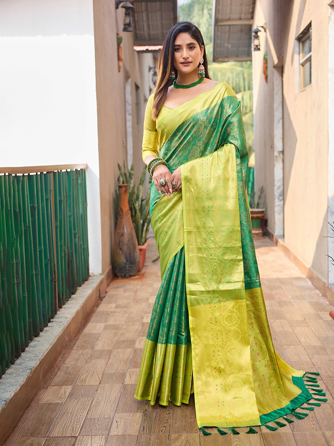 

Mitera Green & Yellow Woven Designed Zari Saree