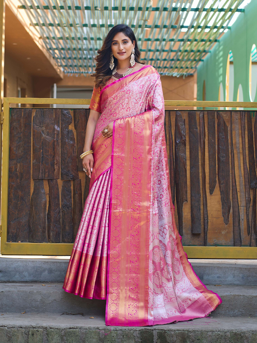 

Mitera Pink & Silver-Toned Woven Design Zari Saree