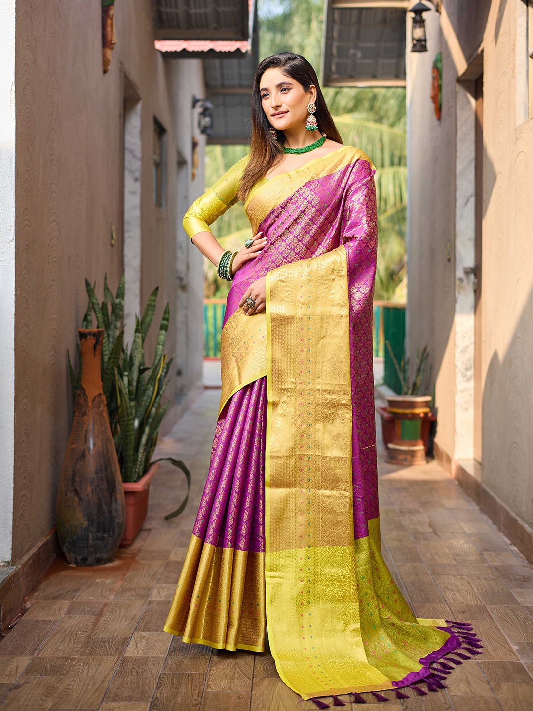 

Mitera Purple & Yellow Ethnic Motifs Woven Design Zari Kanjeevaram Saree