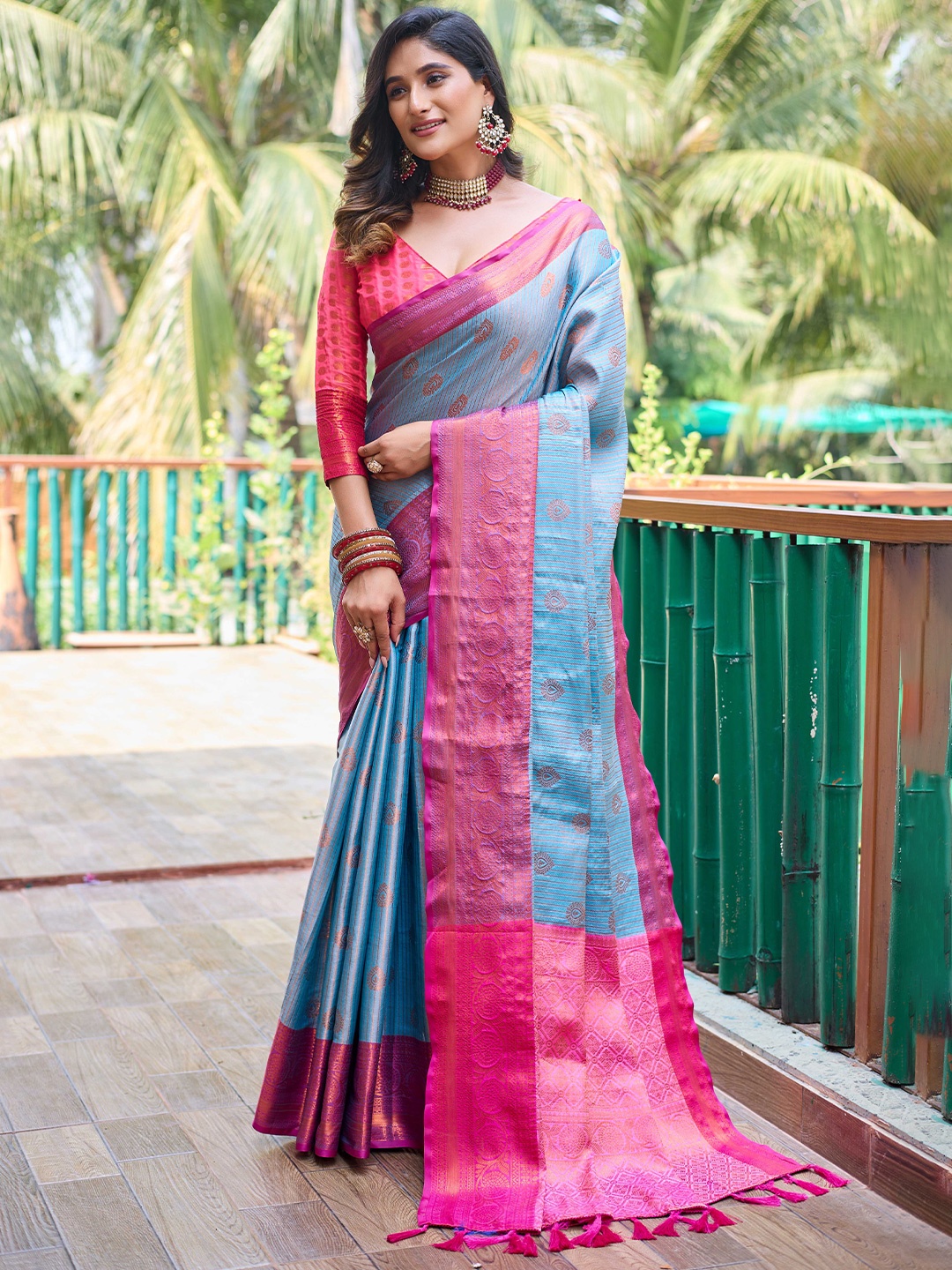 

Mitera Blue & Pink Ethnic Motifs Woven Design Zari Kanjeevaram Saree