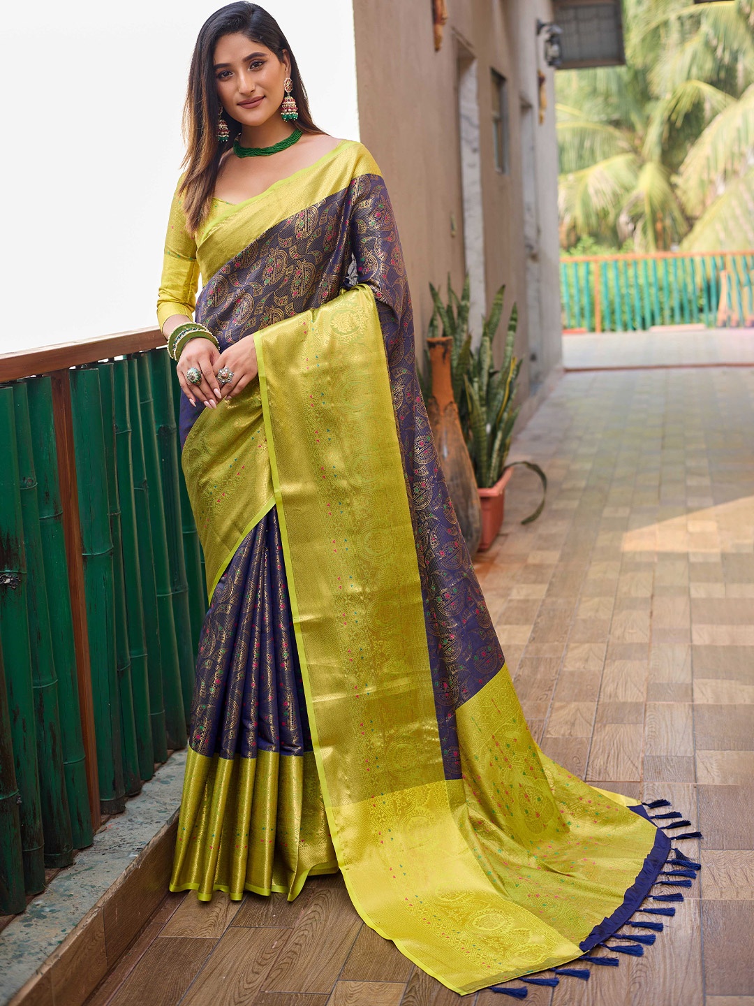 

Mitera Navy Blue & Green Ethnic Motifs Woven Design Zari Kanjeevaram Saree