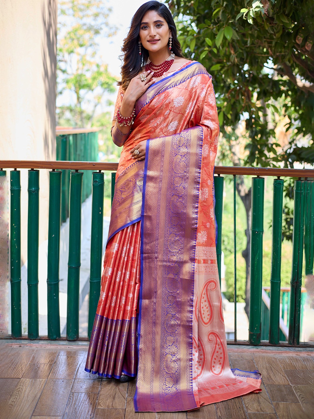 

Mitera Peach-Coloured & Blue Floral Woven Design Zari Kanjeevaram Saree