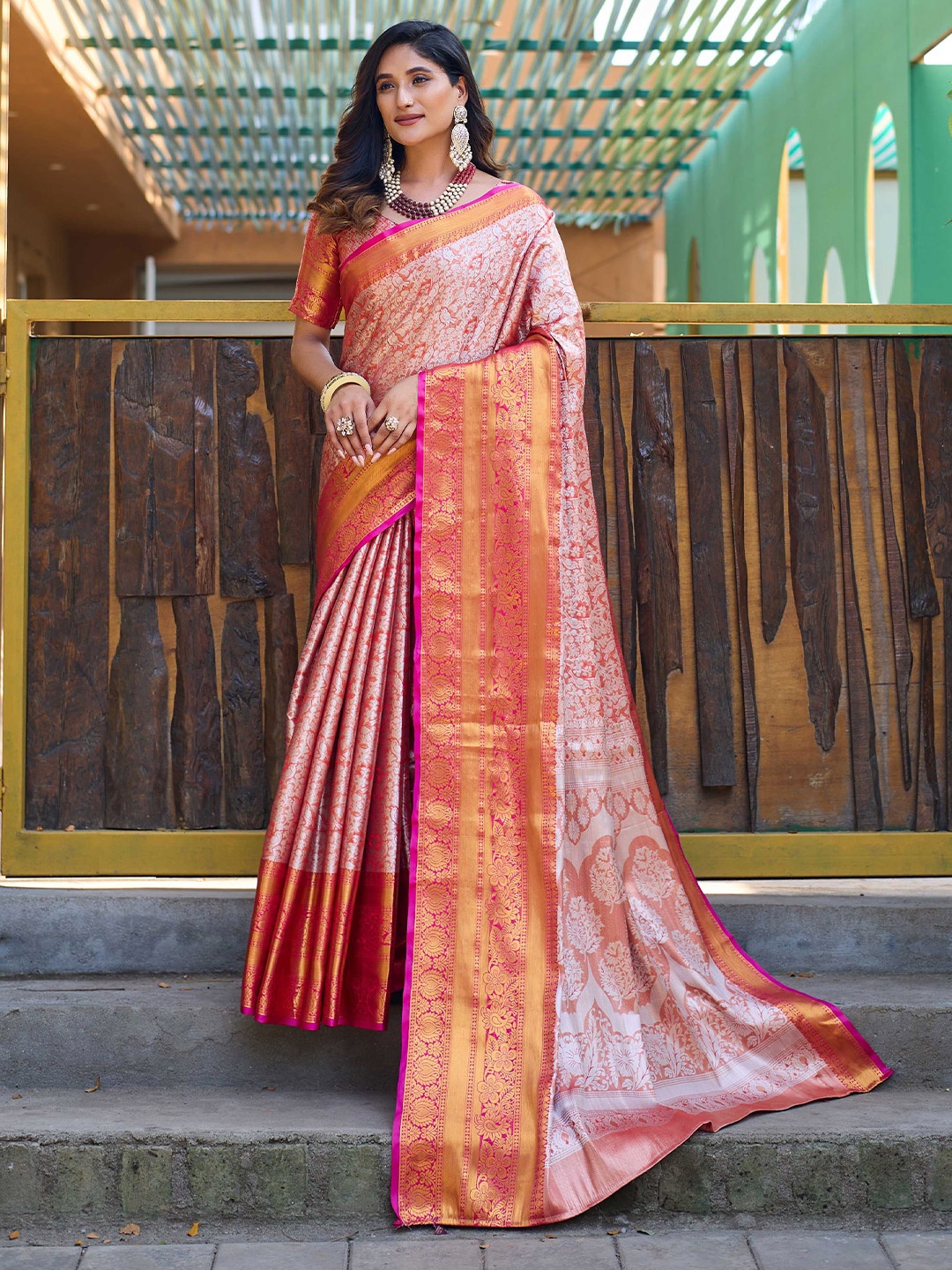 

Mitera Red & Silver-Toned Ethnic Motif Woven Design Zari Kanjeevaram Saree