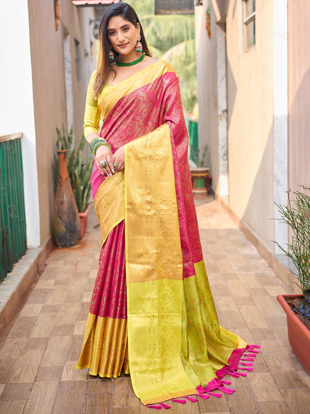 

Mitera Pink & Yellow Ethnic Motifs Woven Design Zari Kanjeevaram Saree