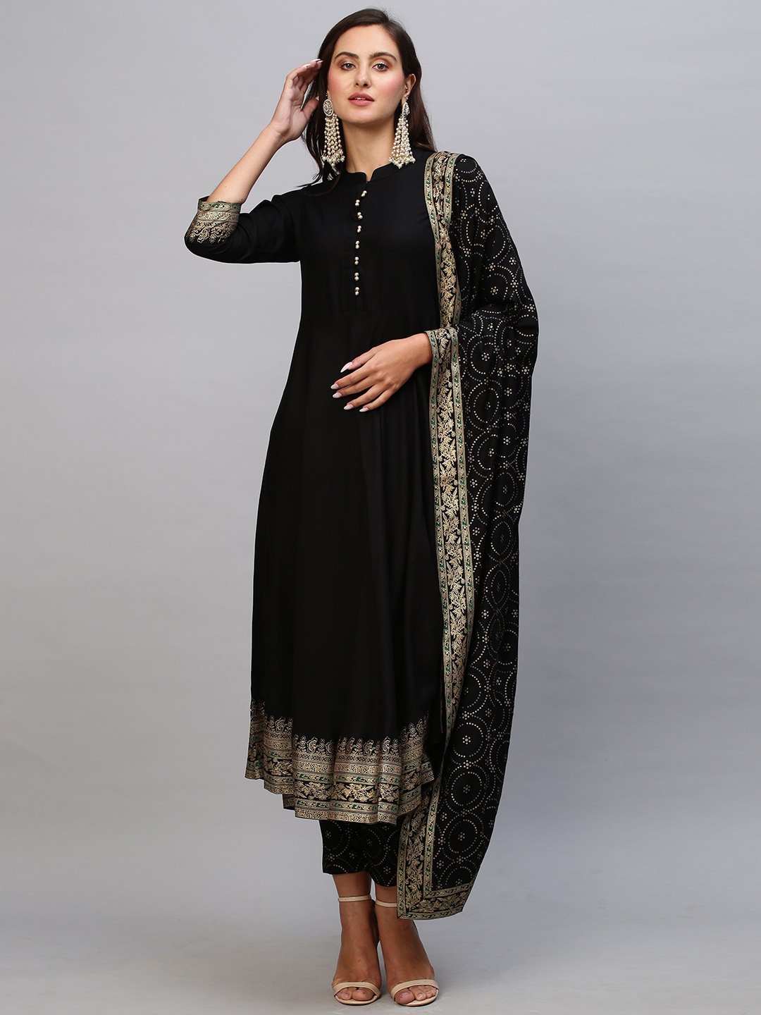 

GoSriKi Mandarin Collar Flared Anarkali Kurta With Trousers & Dupatta, Black
