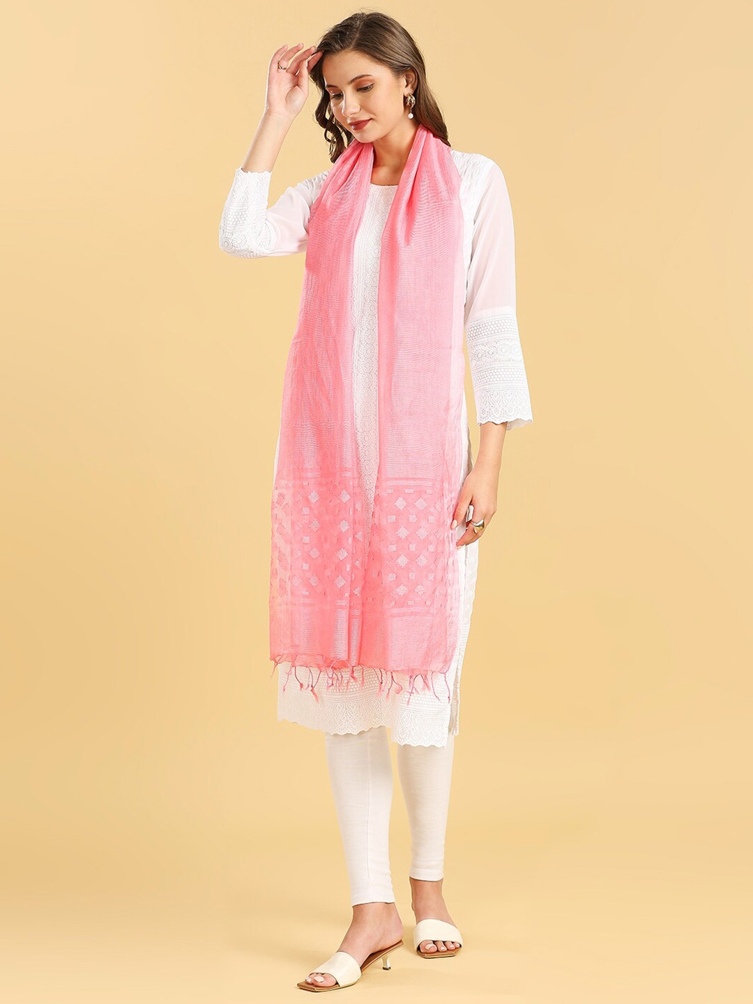 

Dupatta Bazaar Striped Tasselled Organza Dupatta, Pink