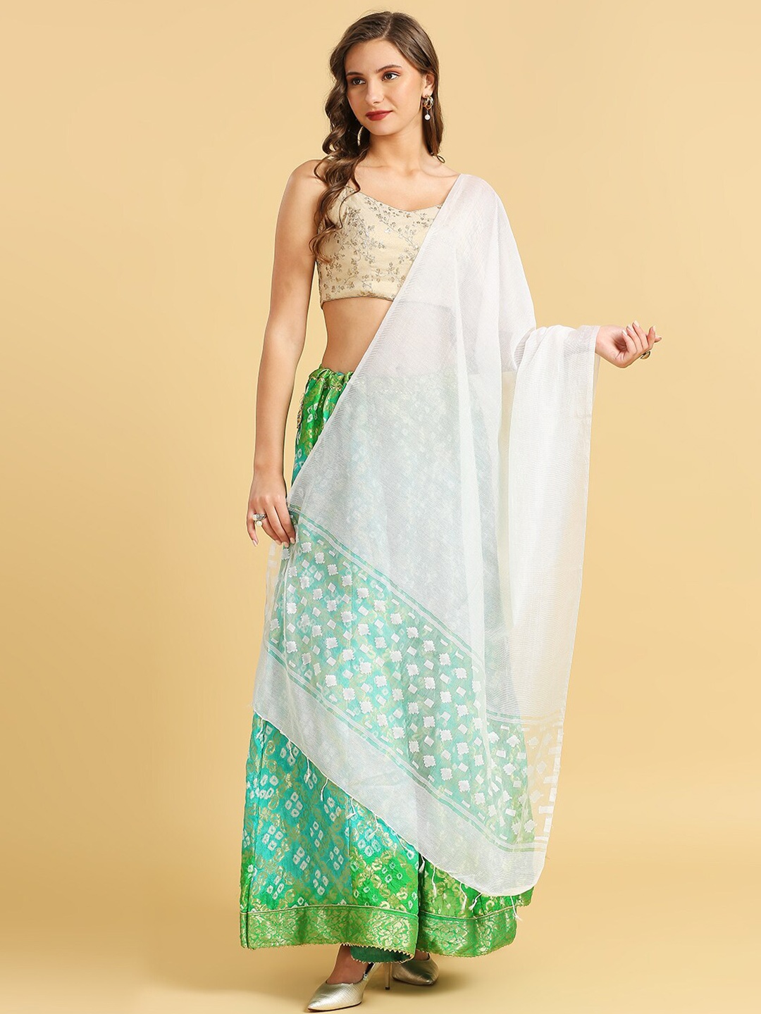 

Dupatta Bazaar Striped Tasselled Organza Dupatta, White