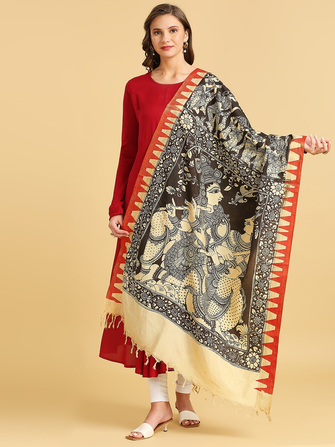 

Dupatta Bazaar Ethnic Motifs Printed Pure Silk Kalamkari Dupatta, Beige