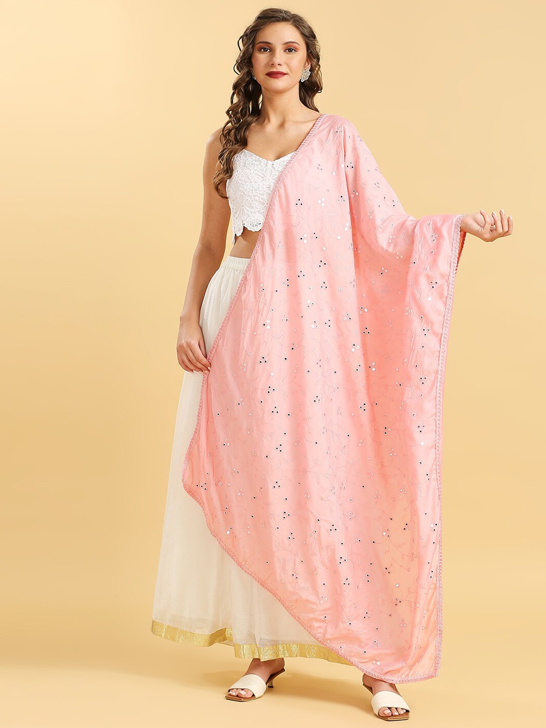 

Dupatta Bazaar Floral Embroidered Pure Cotton Dupatta With Mirror Work, Pink