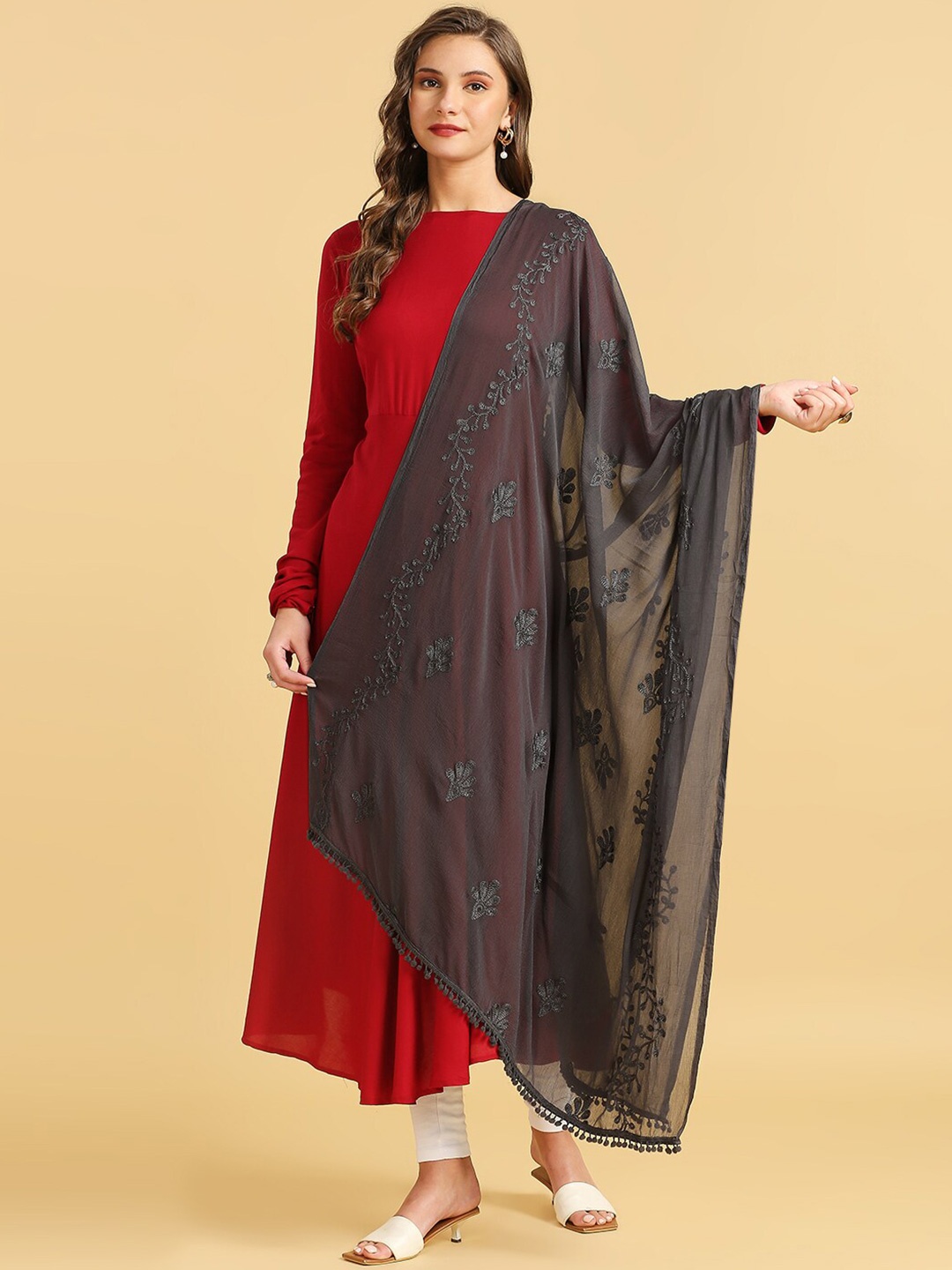 

Dupatta Bazaar Ethnic Motifs Embroidered Chiffon Dupatta, Grey