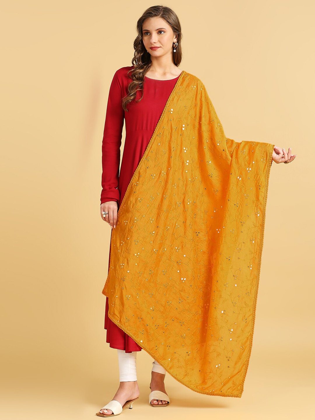 

Dupatta Bazaar Floral Embroidered Mirror Work Pure Cotton Dupatta, Mustard