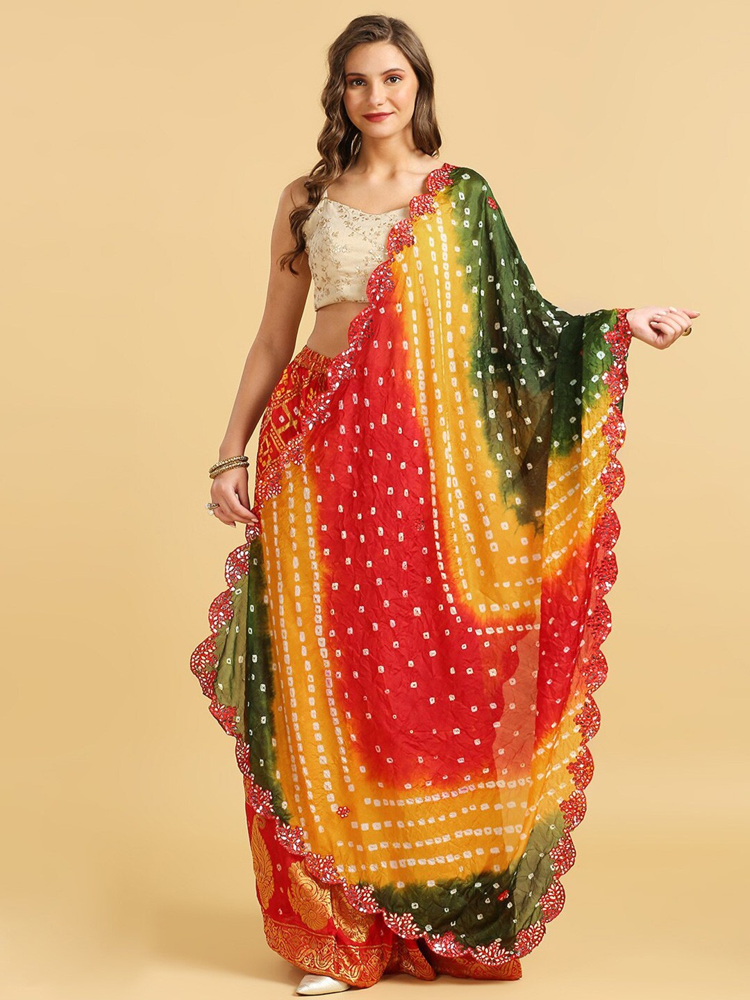 

Dupatta Bazaar Bandhani Printed Mirror Work Dupatta, Red