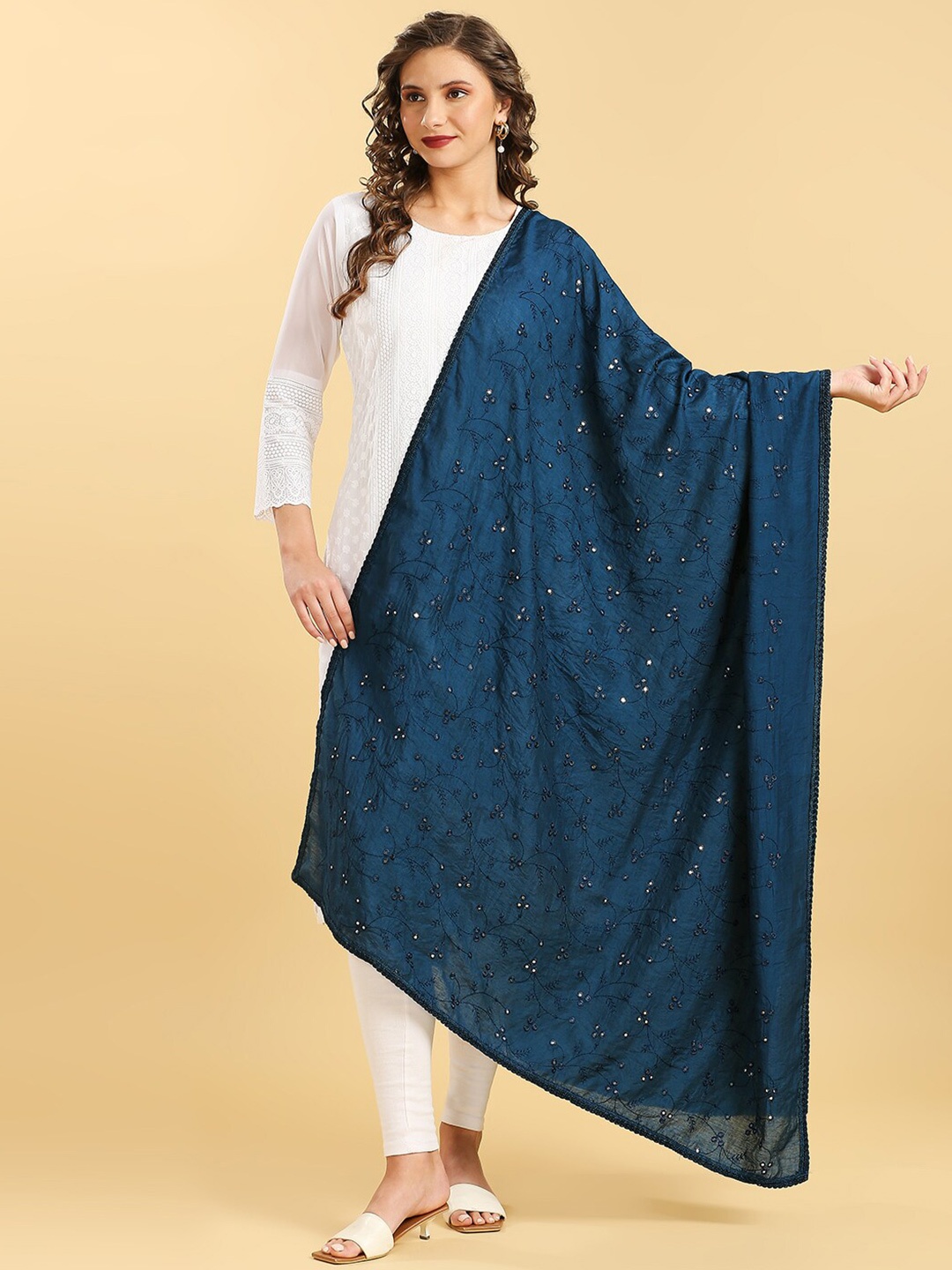 

Dupatta Bazaar Floral Embroidered Mirror Work Pure Cotton Dupatta, Navy blue